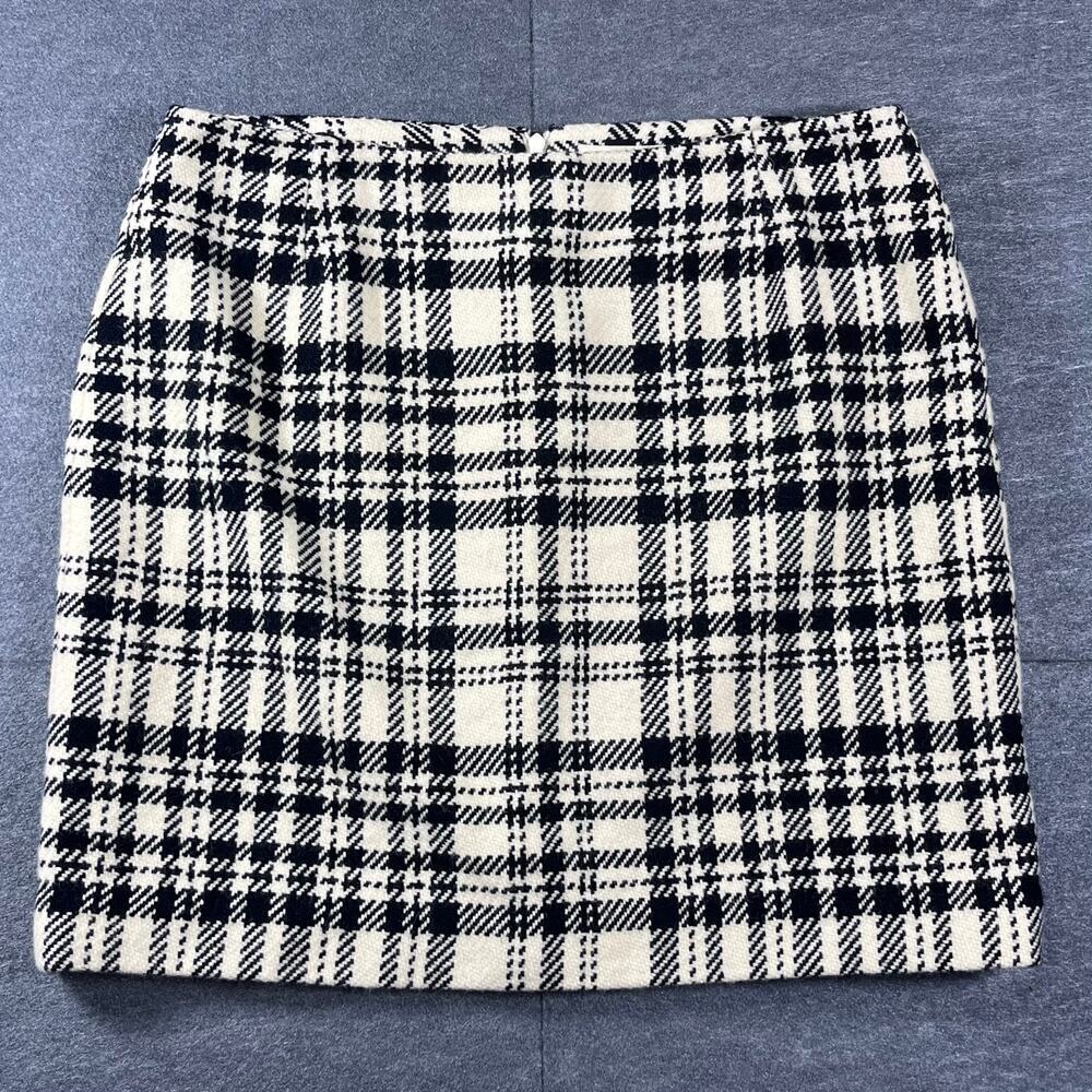 EDDIE BAUER Black White Plaid Wool Pencil Skirt 16 Lined Houndstooth Academia